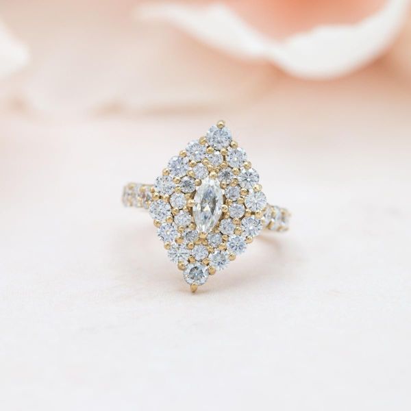 A double halo moissanite engagement ring.