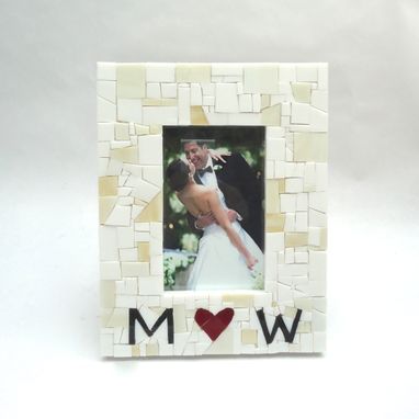 Custom Made Personalized Mosaic Wedding Picture Frame With Couples Initials & Red Heart