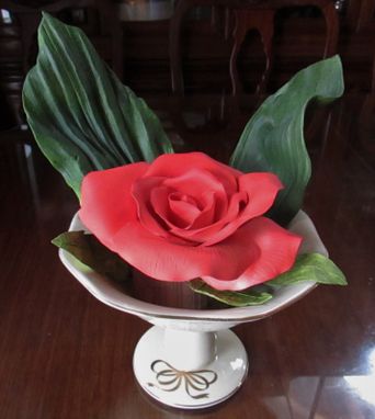 Custom Made Big Beautiful Red Porcelain Rose In Lovely Base With Porcelain Leaves