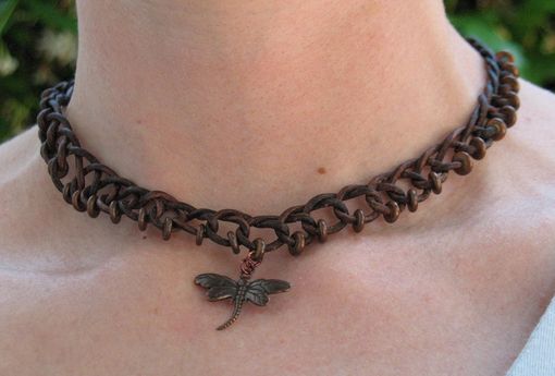 Custom Made Necklace / Choker:  Brown Braided Leather Cord With Copper Beads And Pendant