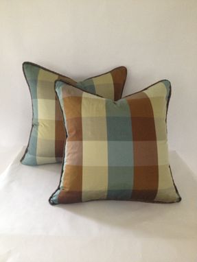 Custom Made Set Of 2: Brown, Green And Blue Plaid Silk Pillow Covers