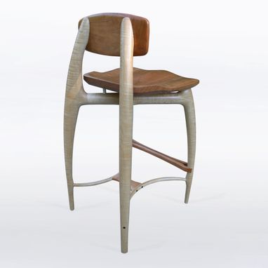 Custom Made Modern Wood Bar Stool, Counter Stool, Hand Carved Seat And Legs In Cherry And Curly Maple "Sea Ray