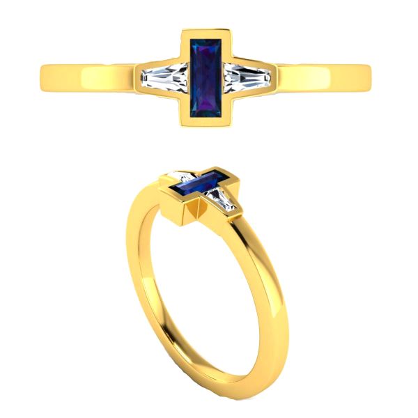 Two tapered baguette diamonds connect into a cross with a baguette cut alexandrite in the center of this engagement ring.