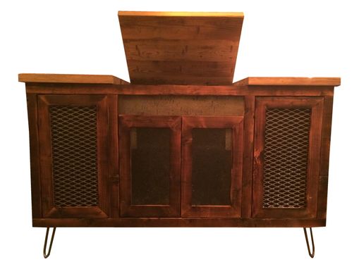 Custom Made Reclaimed Pine Wood Stereo Console Unit With Hairpin Legs