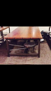 Custom Made Custom 6 Stool Iron And Pine Conference Table Desk With 6 Leather Swivel Swing Out Stools