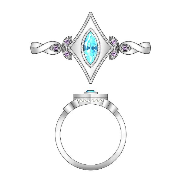 The bold Art Deco inspired setting of this marquise cut aquamarine creates a statement engagement ring.