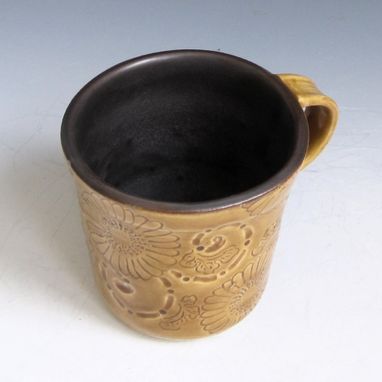 Custom Made Ceramic Mug In Golden Yellow And Black With Chrysanthemums