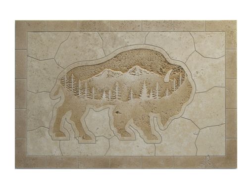 Custom Made Etched Tile Travertine Buffalo Mural
