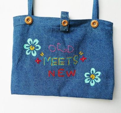 Custom Made The Old-Meets-New Denim Tote / Hand Painted / Hand Embroidered - Eco Friendly / On Sale Now