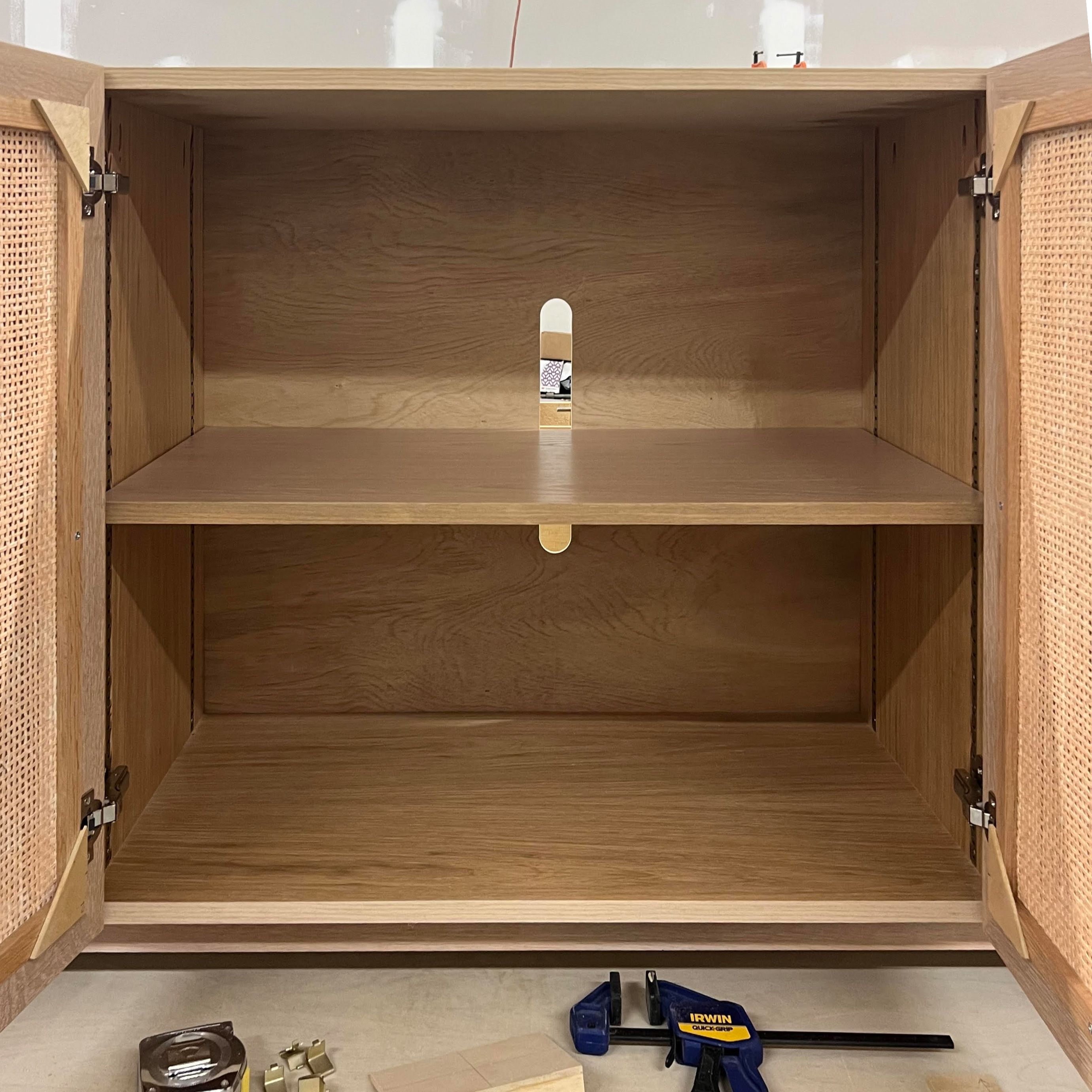 Handmade Coastal Charm White Oak Media Center With Rattan Doors by Dovetails and Stitches