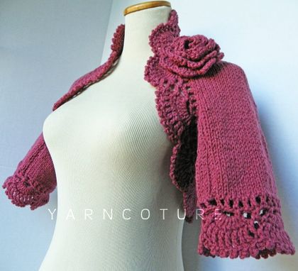 Custom Made The Lace Shrug In Dusty Rose With Rose Flower Brooch / On Sale Now
