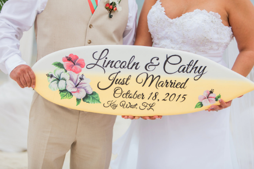 Custom Made Beach Hawaiian Wedding Photography Decor, Hibiscus Just Married Sign.