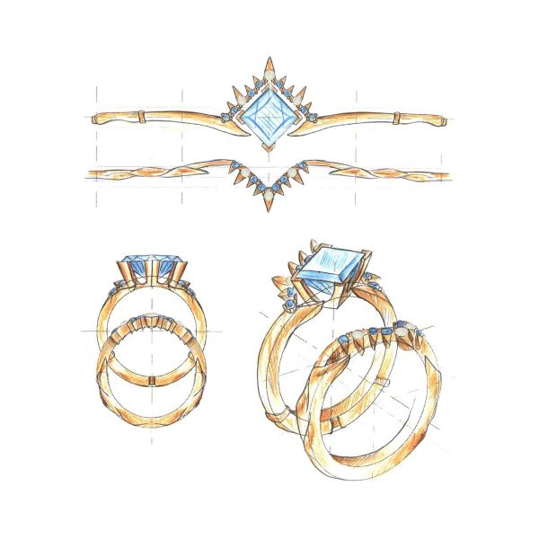 Design sketch for a bold tourmalinated quartz engagement ring.