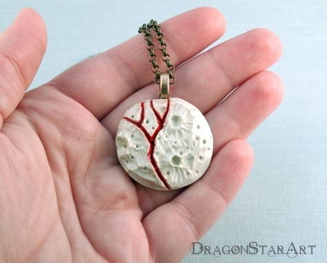 Custom Made Ceramic Moon Necklace, Carved Porcelain Moon Necklace In Red And White