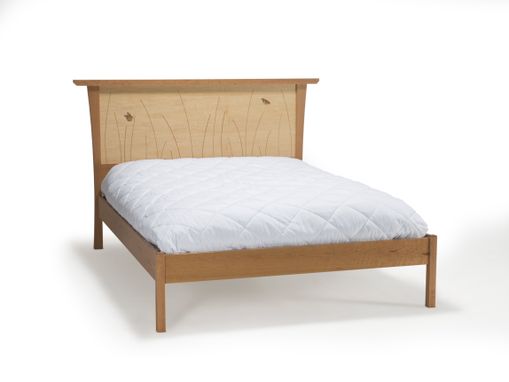 Custom Made Queen Bed Frame, Wood Headboard, Platform Bed, Handmade, Cherry, Curly Maple, Inlay, Bedroom