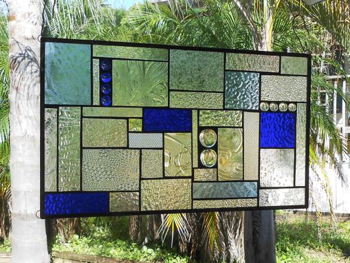 Custom Made Stained Glass Panel Shades Of Blue Crazy Quilt Patchwork Geometric Stained Glass Window Transom