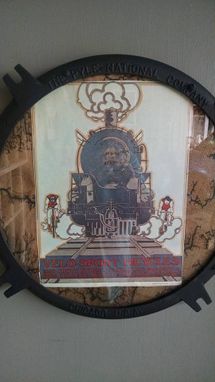 Custom Made Sold Vintage Steam Engine Headlight Lens Holder, Framed Print, Burned Wood Mat