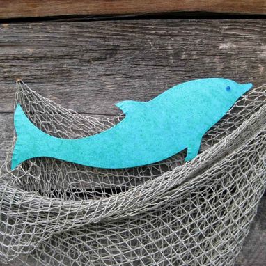 Custom Made Handmade Upcycled Metal Dolphin In Turquoise Blue Wall Art Sculpture