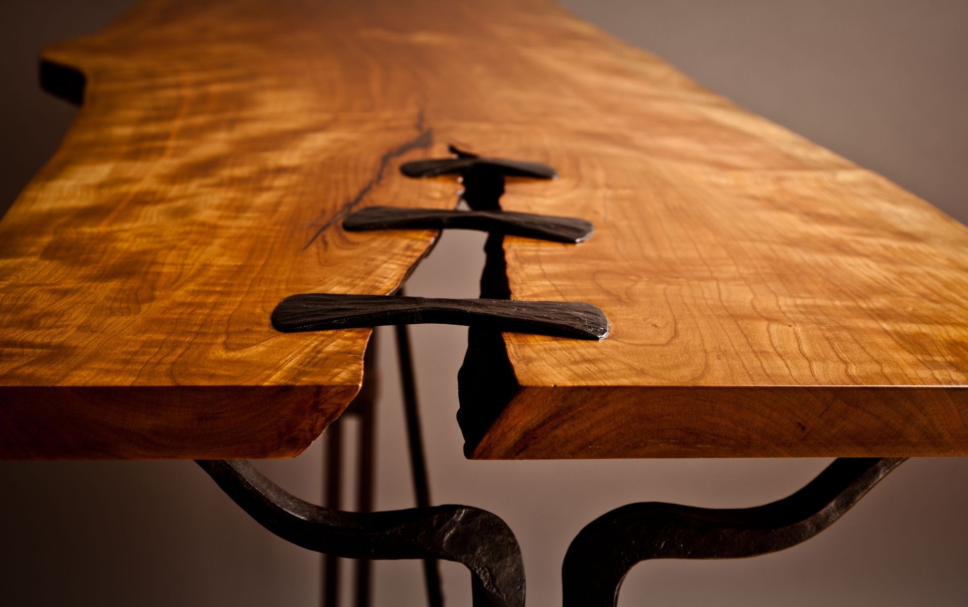 Custom Steel And Live Edge Cherry Hall Table by Rising Sun