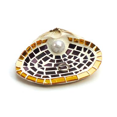 Custom Made Imperial Purple Gold Border Mosaic Sea Shell Ring Holder // Beach Wedding Gift