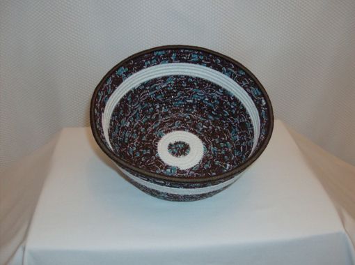 Custom Made Fabric Bowl - Coiled - Medium Round - Brown/Turquiose With Shimmery White Accent Fabric