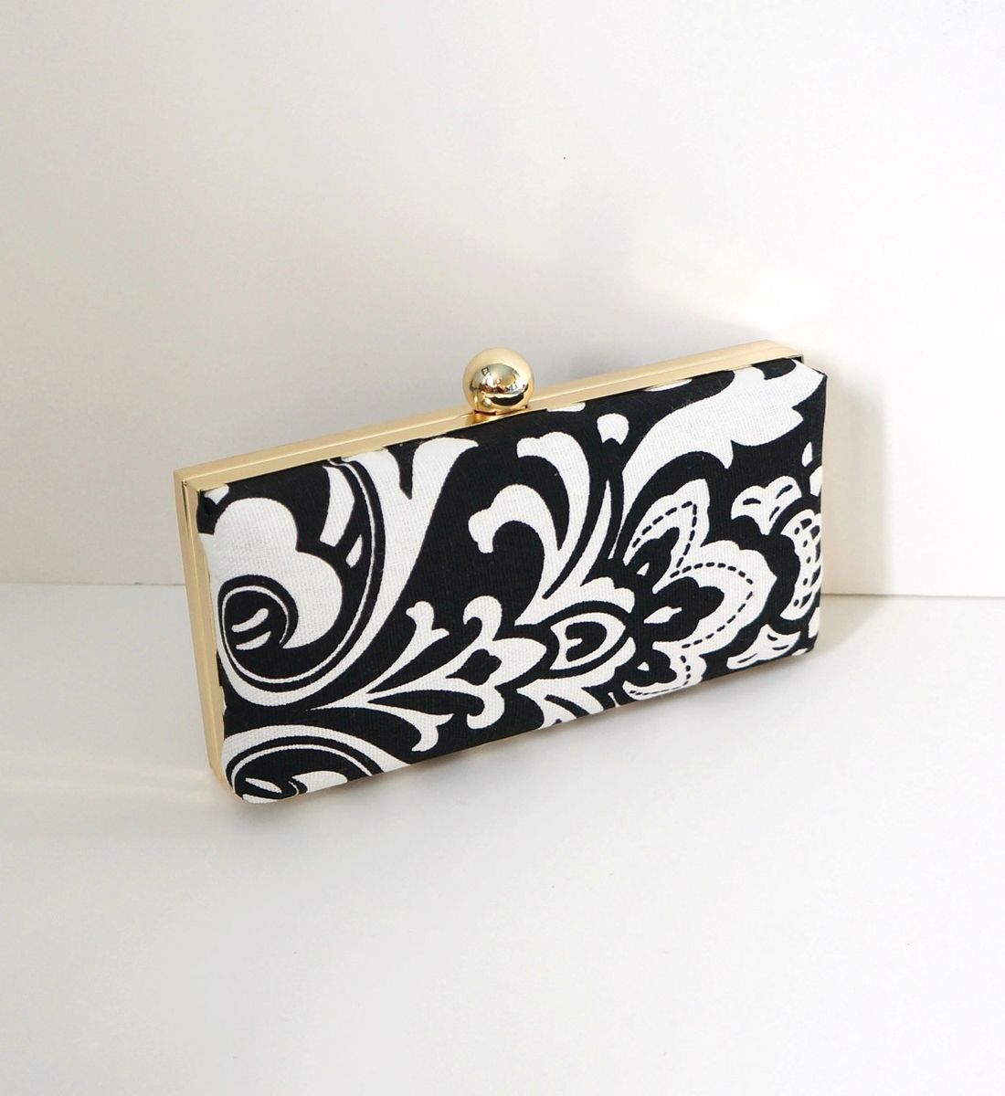 Hand Crafted Black And White Cotton Damask Clutch Purse by The Button