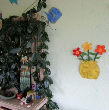 Custom Made Handmade Upcycled Metal Flowerpot With Yellow, Red, And Orange Flowers Wall Art Sculpture