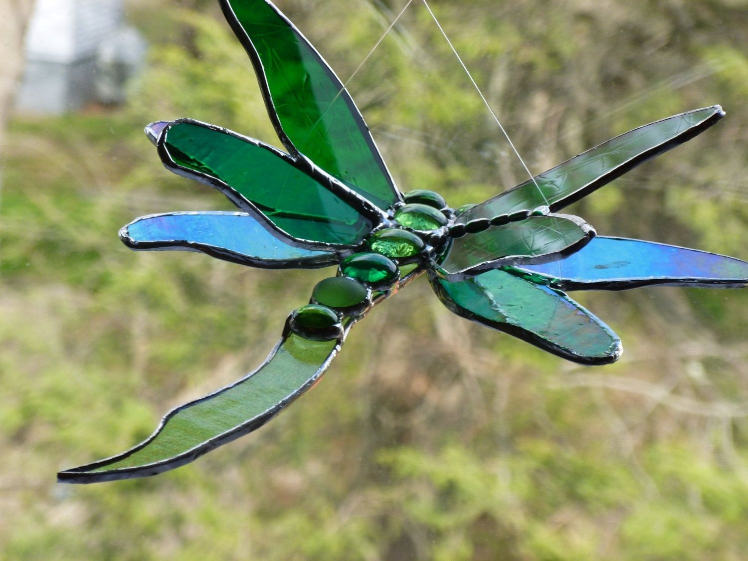 Buy Custom Made Double Winged Dragonfly Stained Glass Art In Green