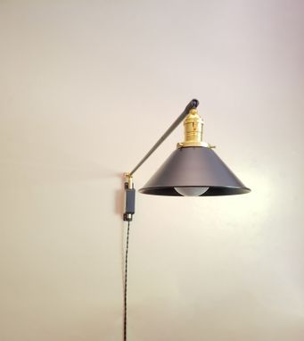 Custom Made Swinging Wall Sconce - Plug In Adjustable Reading Light - Matte Black & Brass - Kitchen Table