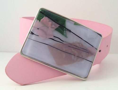 Custom Made Pink With Green Confetti Fused Glass Belt Buckle