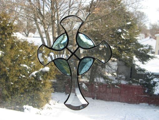 Custom Made Beveled Stained Glass Celtic Cross In Turquoise