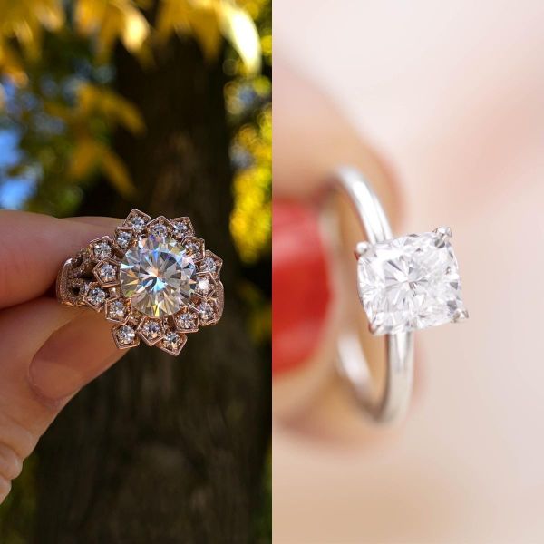 On the left you can see a moissanite which has a rainbow aspect to its sparkle, compared to the diamond on the right which has a more white sparkle.