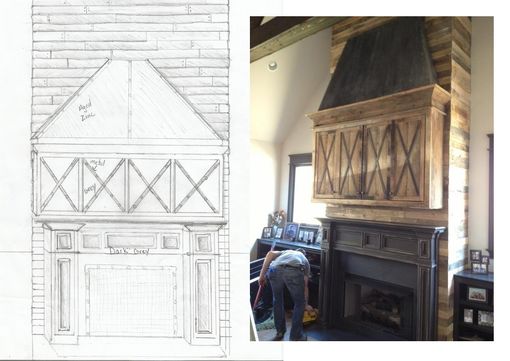 Custom Made Fireplace Installation Mantle Media Cabinet Reclaimed Wood Zinc Hood