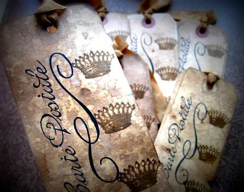 Custom Made French Inspired Hang Tags - Crowns Carte Postale - Set Of 6 - Black Sepia