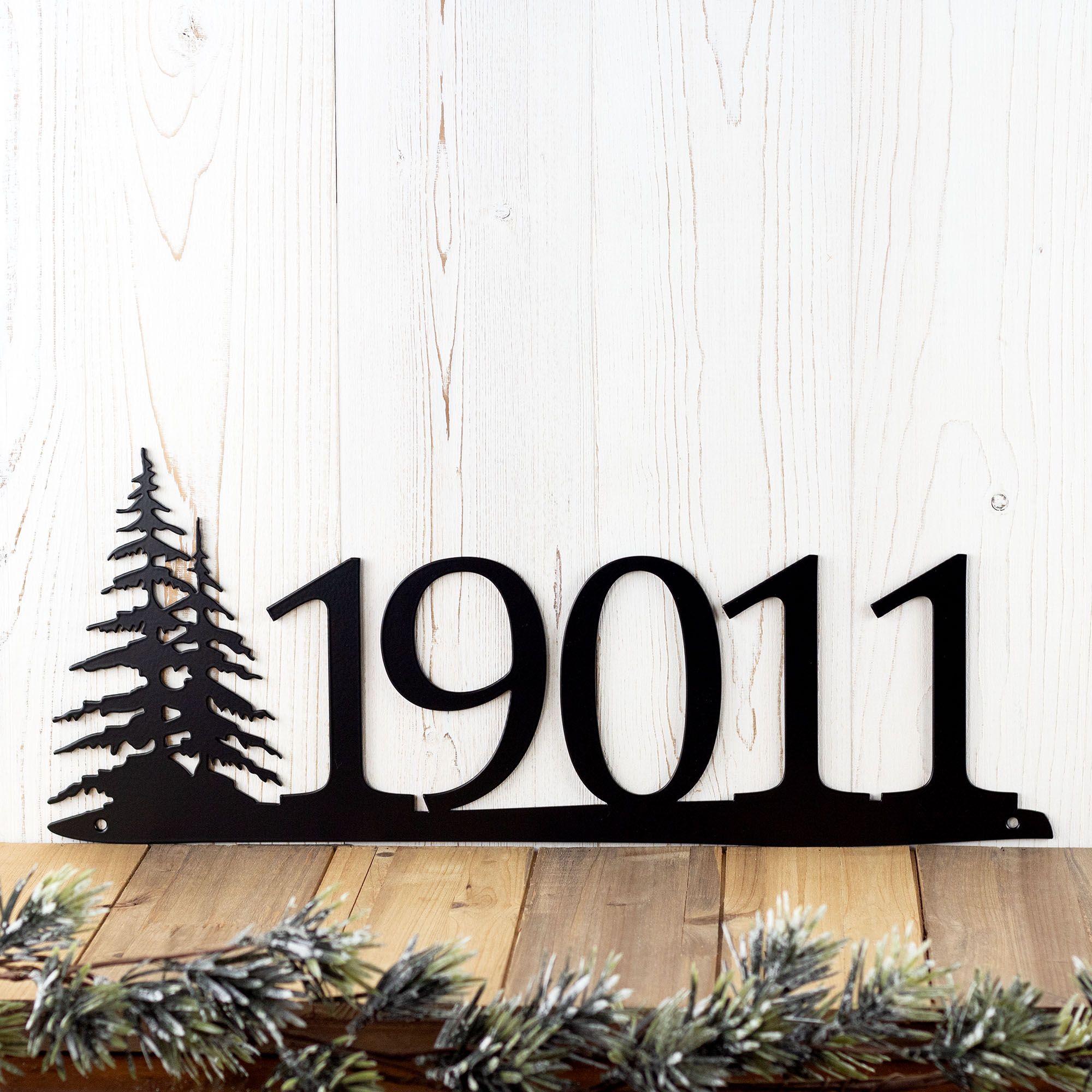 Buy Hand Made House Number Metal Plaque With Pine Trees, made to order
