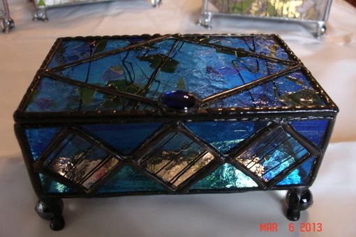 Custom Made Jewelry Box In Colbalt Blue And Confetti Diamond Accents With Decorative Feet Stained Glass