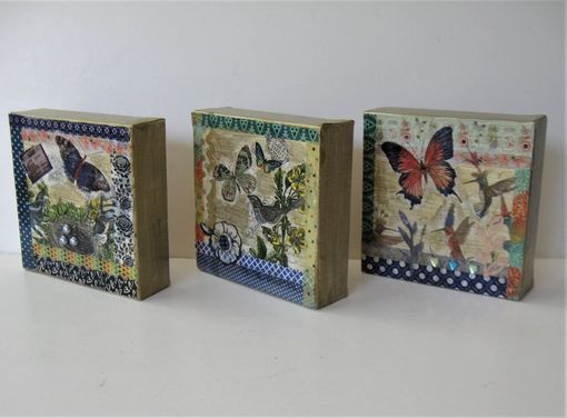 Custom Made 3 Mixed Media Butterfly Paintings, Original Birds Triptych, 5" X 5" Each