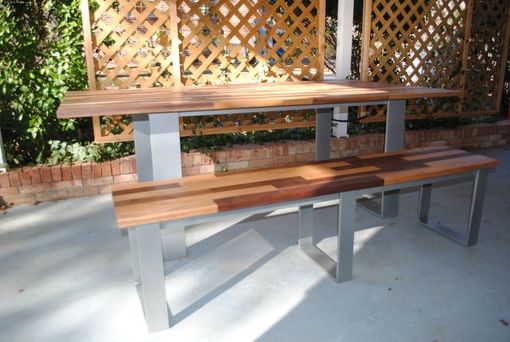 Custom Made Dining Table And Matching Bench - Mixed Hardwood Top With Powder-Coated Steel Base