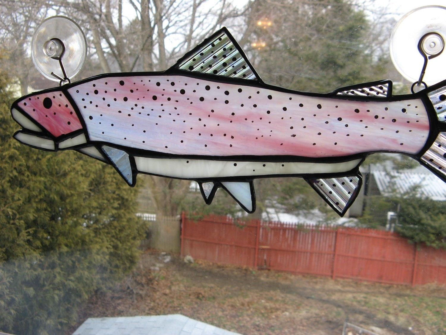 Hand Made Stained Glass Rainbow Trout In Iridescent Pink by Glass