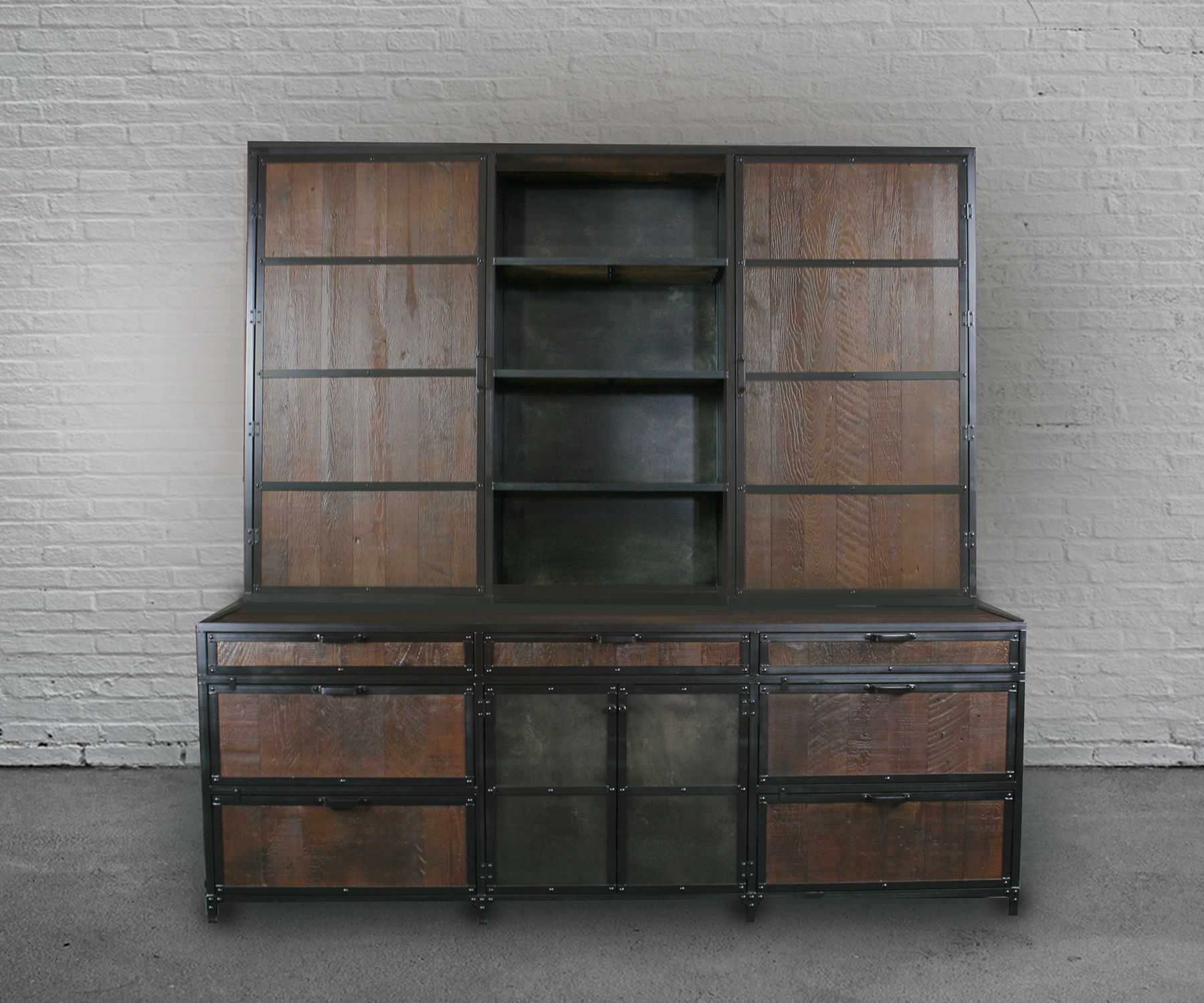 Buy A Hand Made Vintage Industrial Wood File Cabinet With Hutch