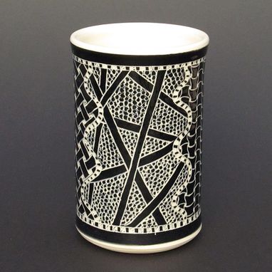 Custom Made Large Handmade Stoneware Vase With Zen Doodle Carved Pattern