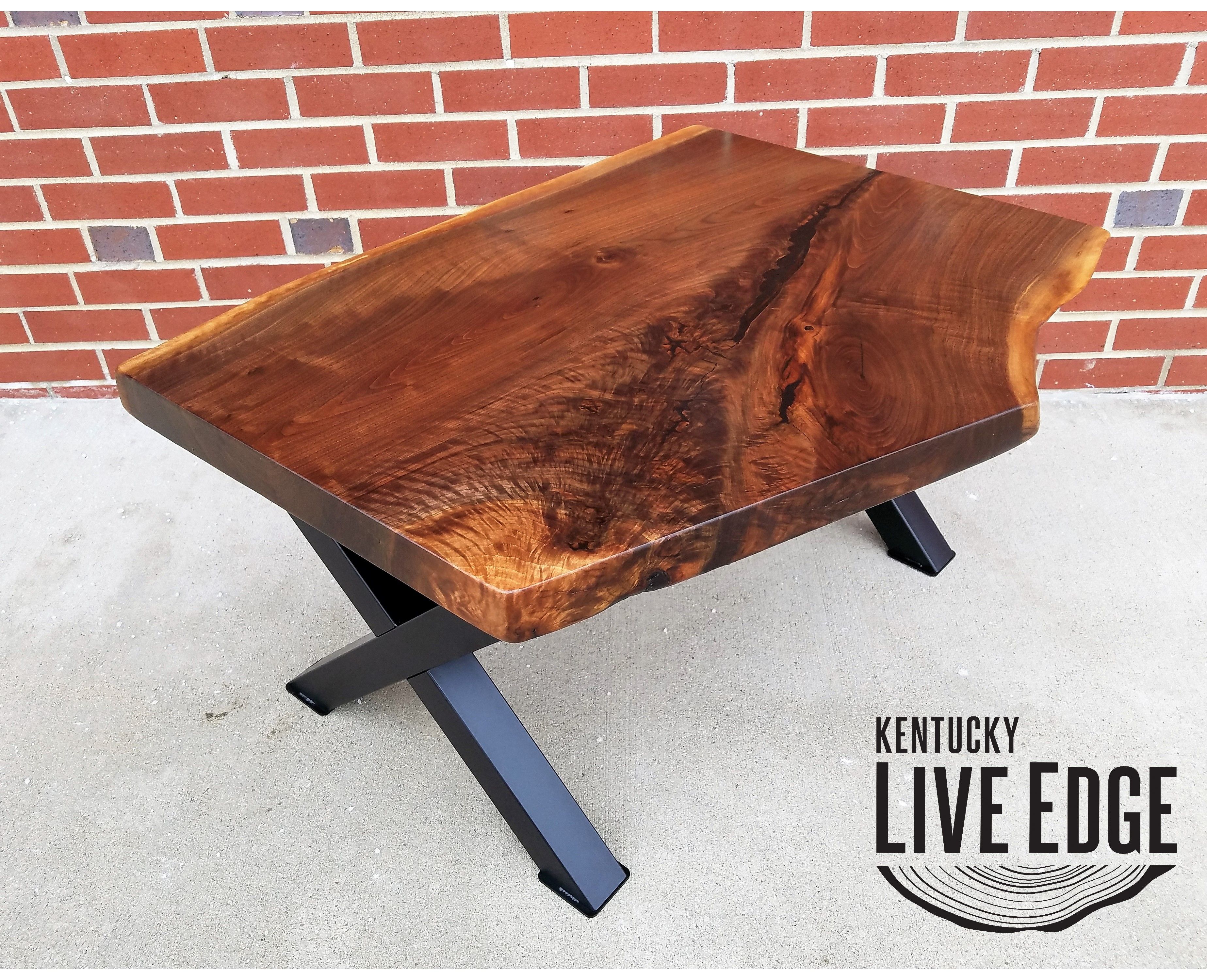 Hand Crafted Live Edge Coffee Table Black Walnut X Style Steel Legs