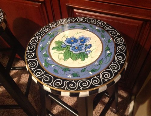 Custom Made Custom Hand Painted Round Top Bar Stool// Blue Flower Whimsical