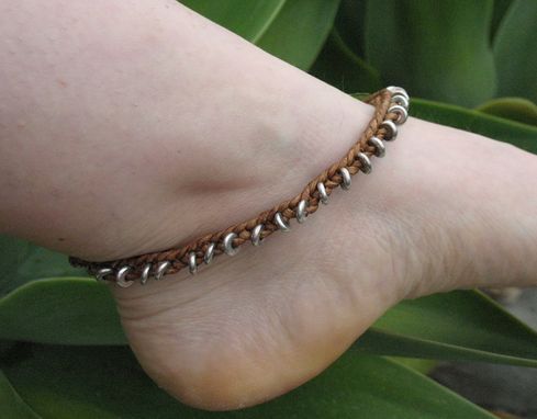Custom Made Bracelet / Anklet / Men's Bracelet:  Braided Brown Leather Cord With Silver  Beads
