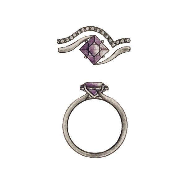 A swirling band makes up this princess cut alexandrite engagement ring