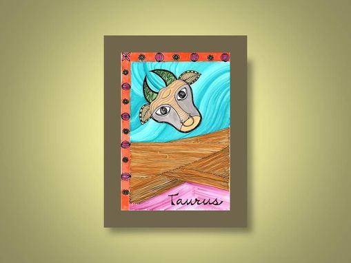 Custom Made Zodiac Sign Print Taurus Ink And Acrylic Painting 5"X7" Element Earth