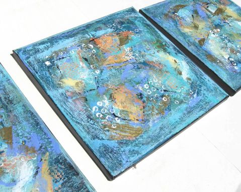 Custom Made Turquoise Acrylic Abstract Paintings On Canvas Triptych