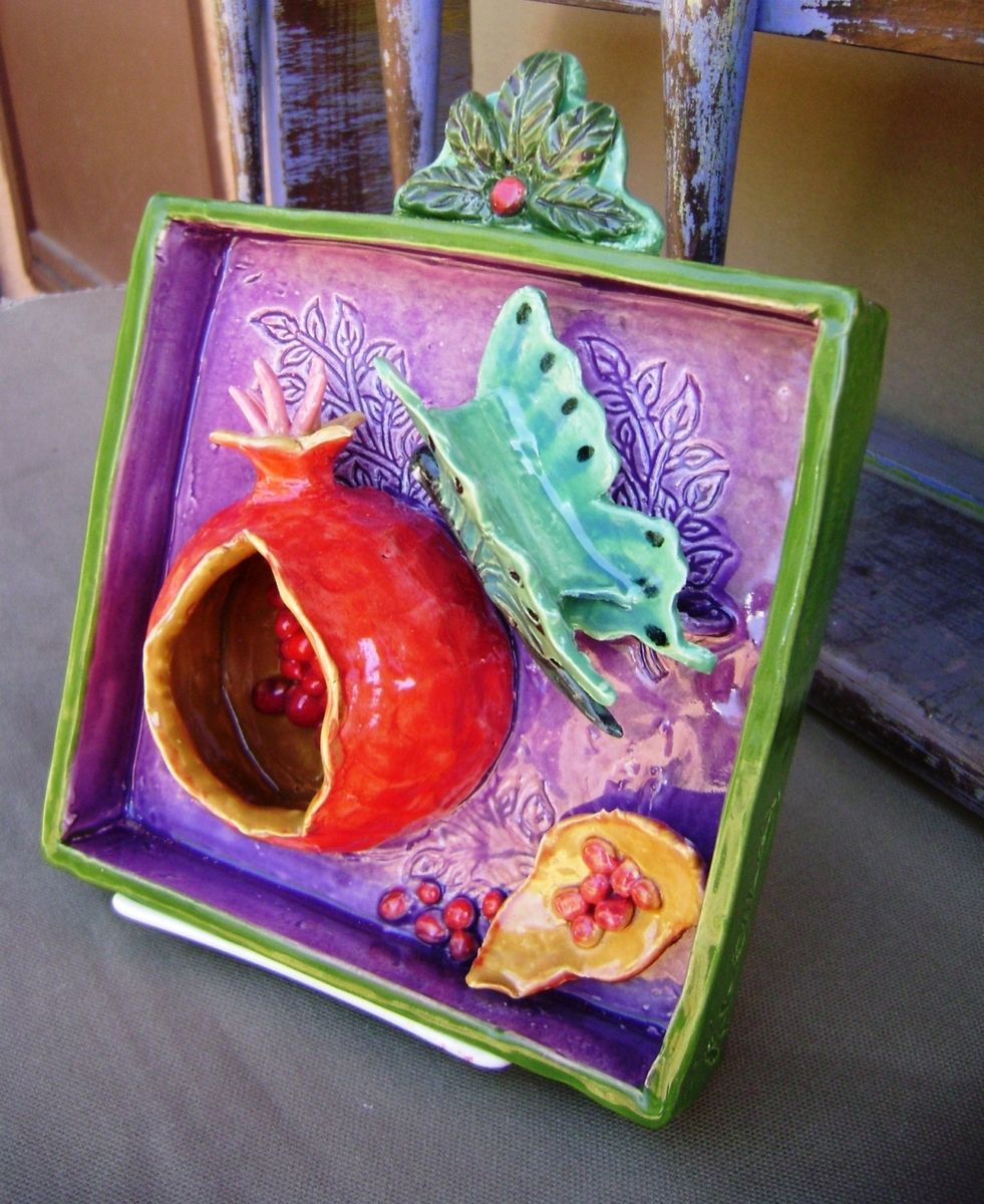 Hand Made Pomegranate Butterfly Ceramic Shadow Box Wall Hanging, Ready