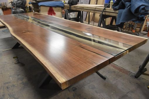 Custom Made Live Edge Dining Table With River Glass In Black Walnut