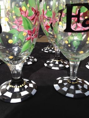 Custom Made Hand Painted Daisy Stemware - Black And White Check - Wine - Martini - Goblet